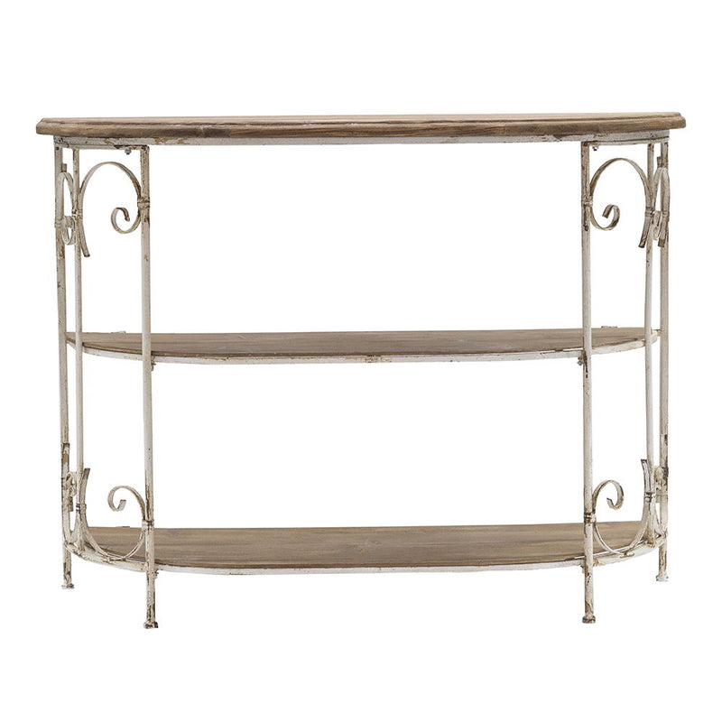 3 Tiered Wooden Shelving Unit With Ornate Iron Frame - Multicolor