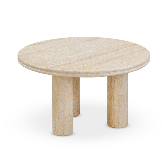 Beige round accent table with textured tabletop and short pedestal legs