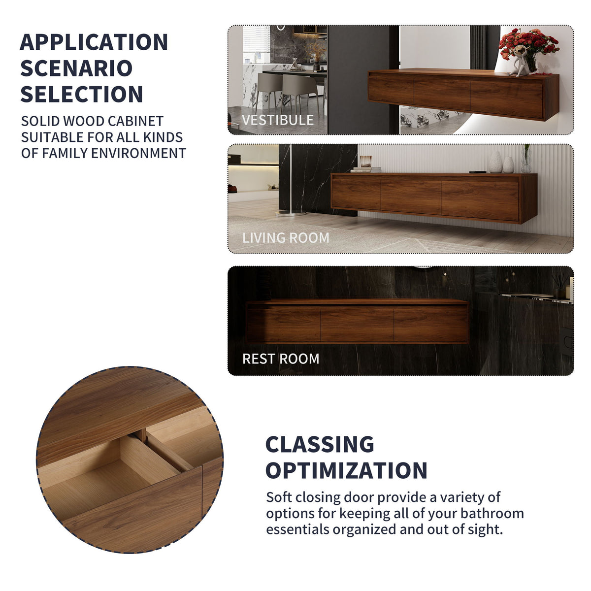 Bathroom vanity door close-up with soft-closing hinge and brown woodgrain cabinet