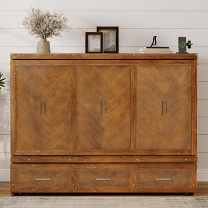 Queen Size Murphy Bed, Pine Wood Cabinet Bed with Built-in USB Charging Station and Geometrical Decoration Panel, Walnut