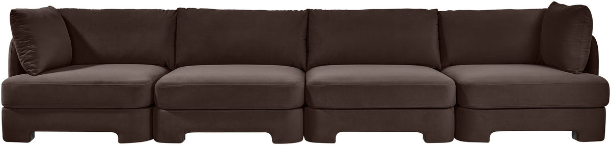 Dark brown velvet performance fabric upholstered 4-piece sectional sofa, wide front profile