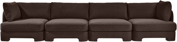 Dark brown velvet performance fabric upholstered 4-piece sectional sofa, wide front profile