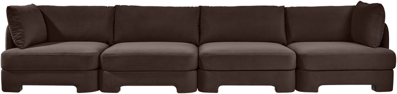 Dark brown velvet performance fabric upholstered 4-piece sectional sofa, wide front profile