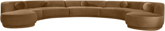 Beige velvet upholstered sectional sofa with round modular design and tufted back cushions