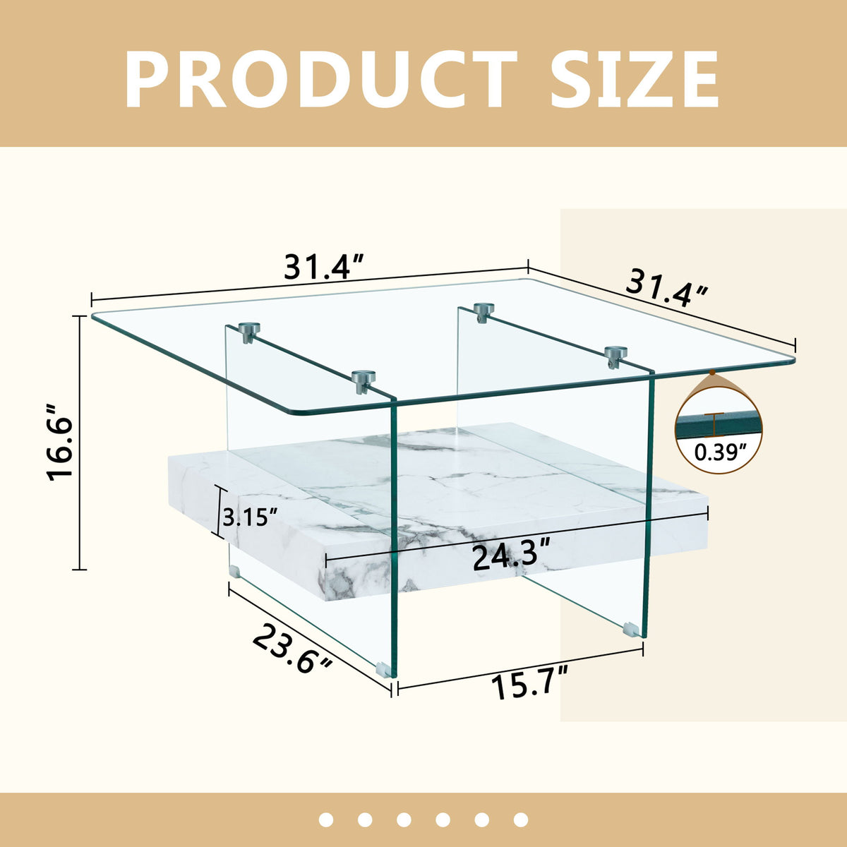 Modern 2 Tier Square Coffee Table, Elegant Marble Pattern