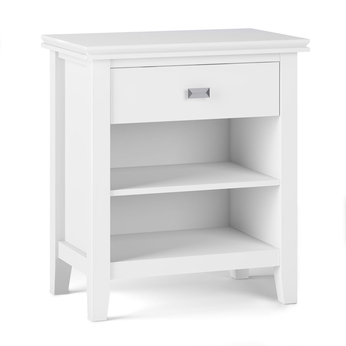 White wooden bedside table with one drawer and two open storage shelves