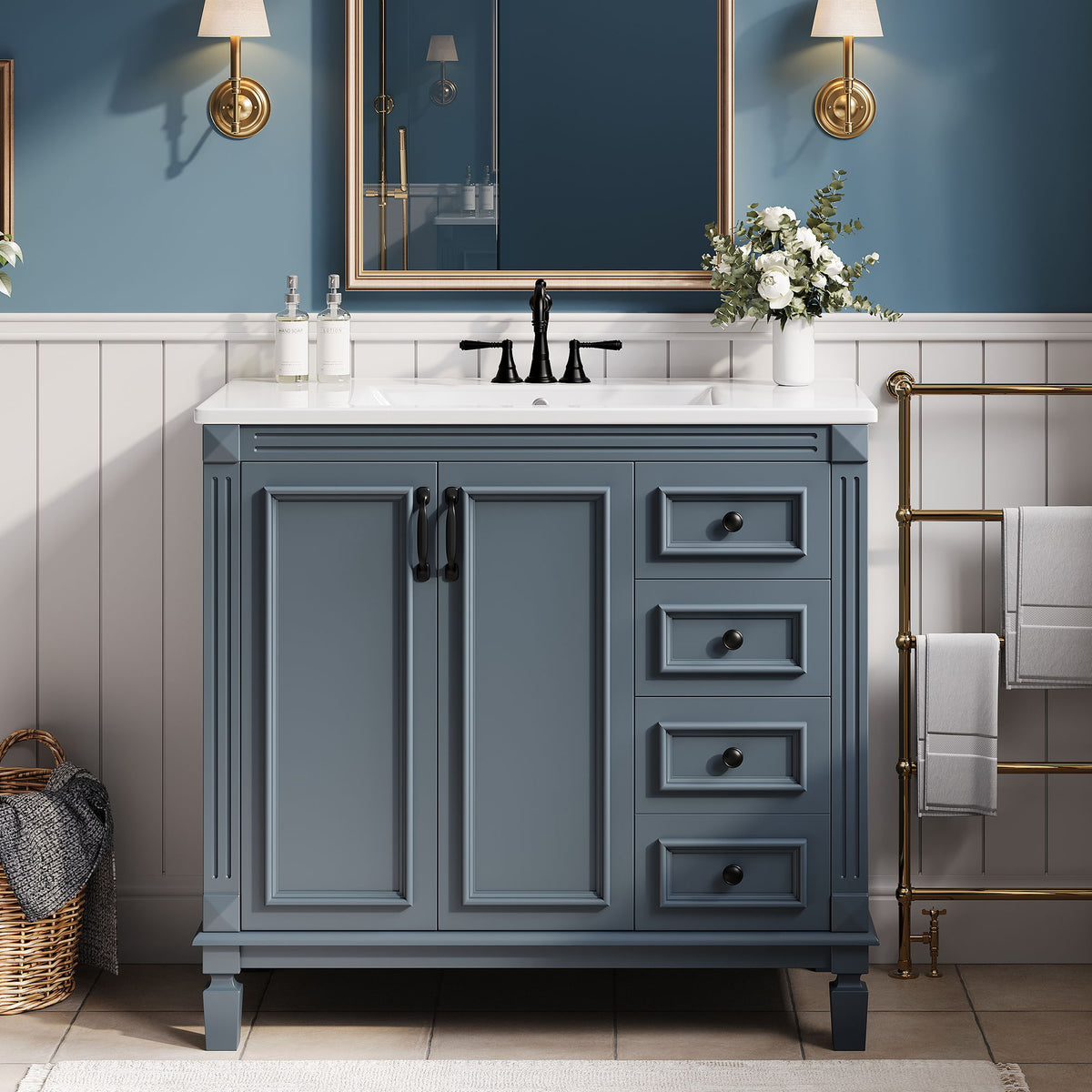 Blue bathroom vanity with white sink top, two cabinet doors, and four drawers