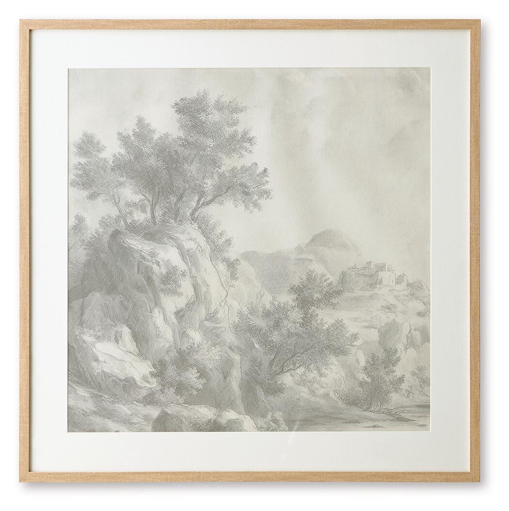 Framed gray landscape wall art print with trees and hills in soft monochrome tones