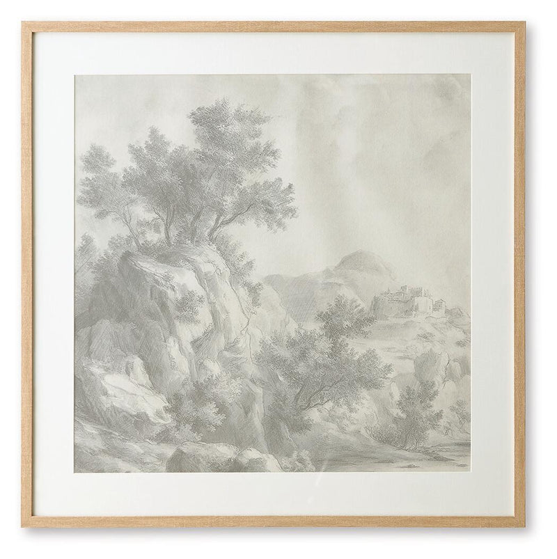 Framed gray landscape wall art print with trees and hills in soft monochrome tones