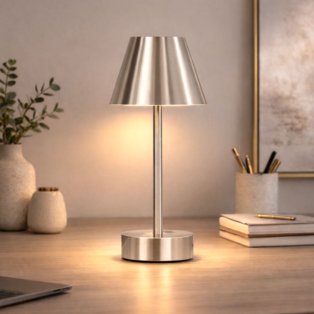 Pearl silver rechargeable LED table lamp with touch switch, ribbed metal shade and round base