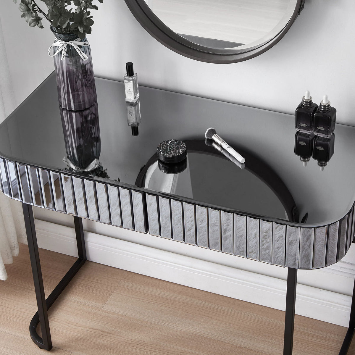 Mirrored Makeup Vanity Table With Stainless Steel Base And 2 Drawers
