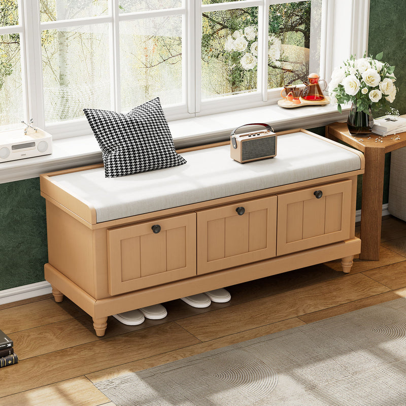 Shoe bench with padded cushion and three front drawers, natural finish