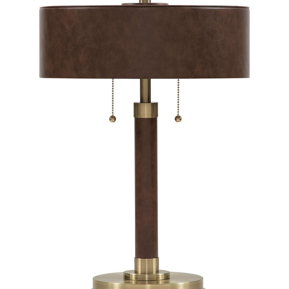 Brown metal table lamp with gold base and drum shade