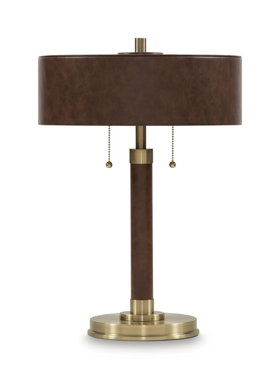 Brown metal table lamp with gold base and drum shade