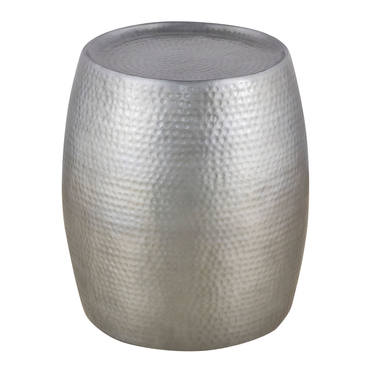 Silver hammered metal round table with gray top surface