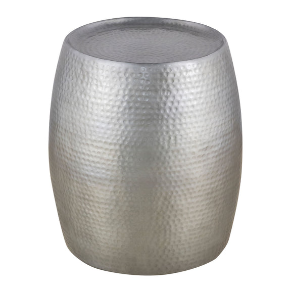 Silver hammered metal round table with gray top surface