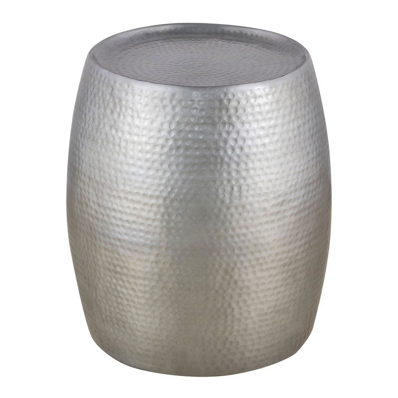 Silver hammered metal round table with gray top surface