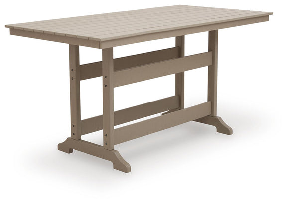 Medium brown rectangular counter-height dining table with slatted tabletop and lower shelf