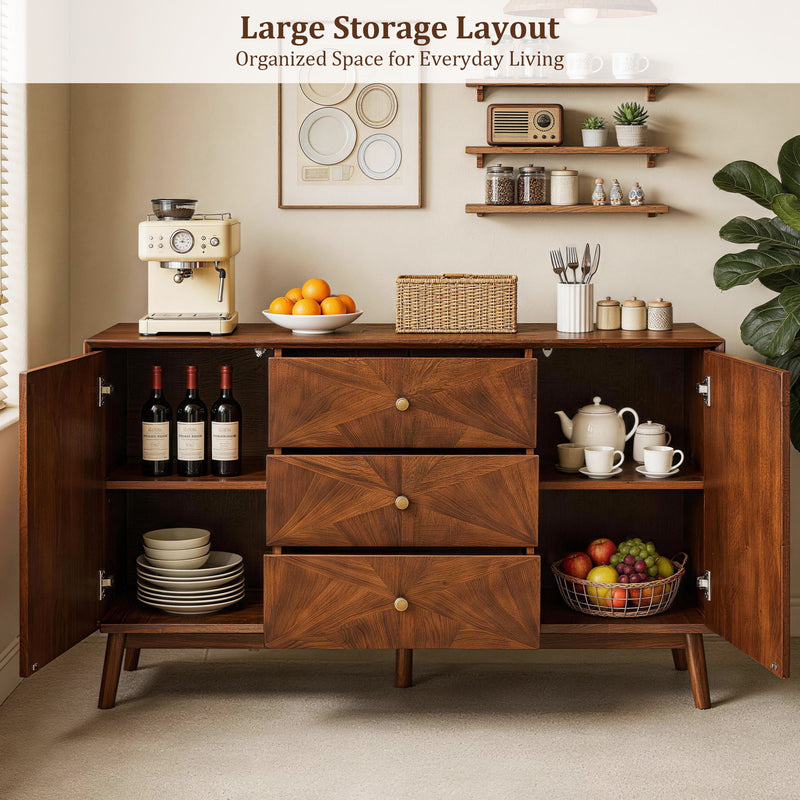 Walnut sideboard cabinet with open doors and three drawers, showing shelves and storage space