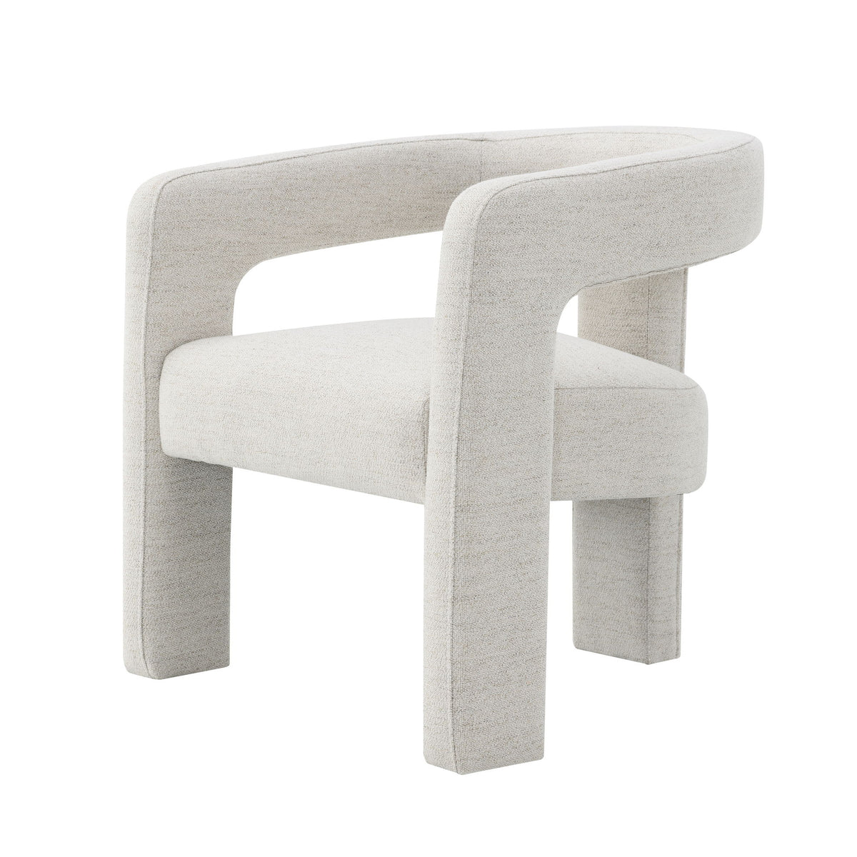 Beige upholstered dining chair with open frame back and padded seat