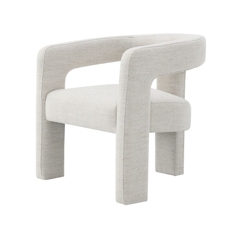 Beige upholstered dining chair with open frame back and padded seat