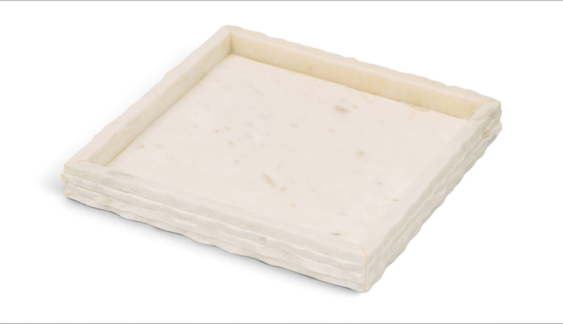 White marble tray with faint speckles and a raised, squared border.