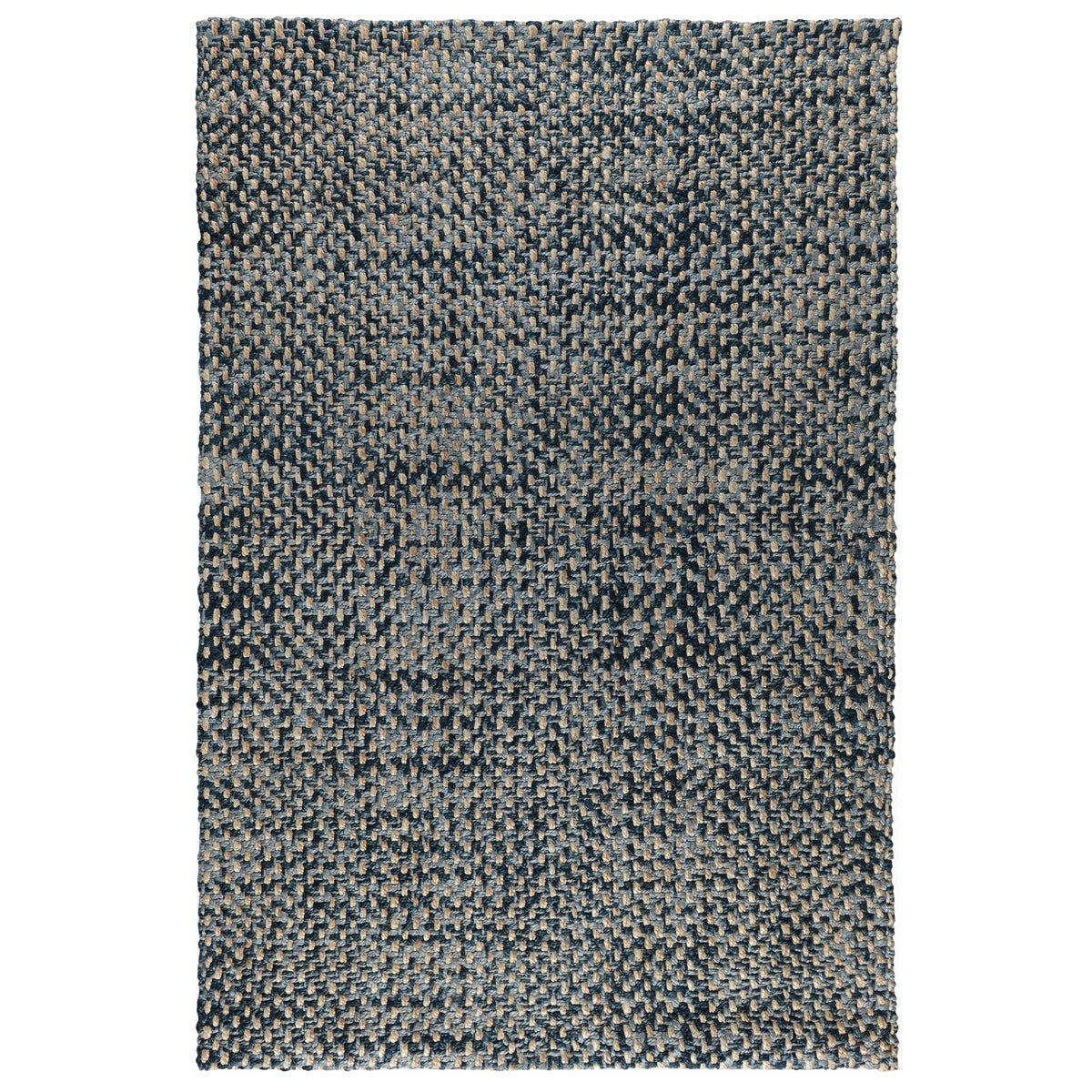 Indigo woven area rug with light speckled pattern and bound edges, full view