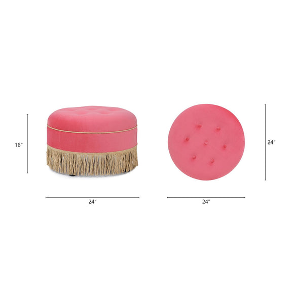 Pink round ottoman, tufted cushion design, shown with front and side dimensions