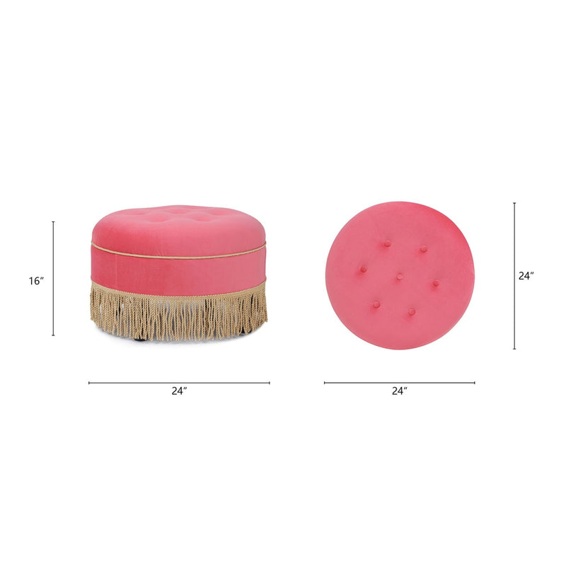 Pink round ottoman, tufted cushion design, shown with front and side dimensions