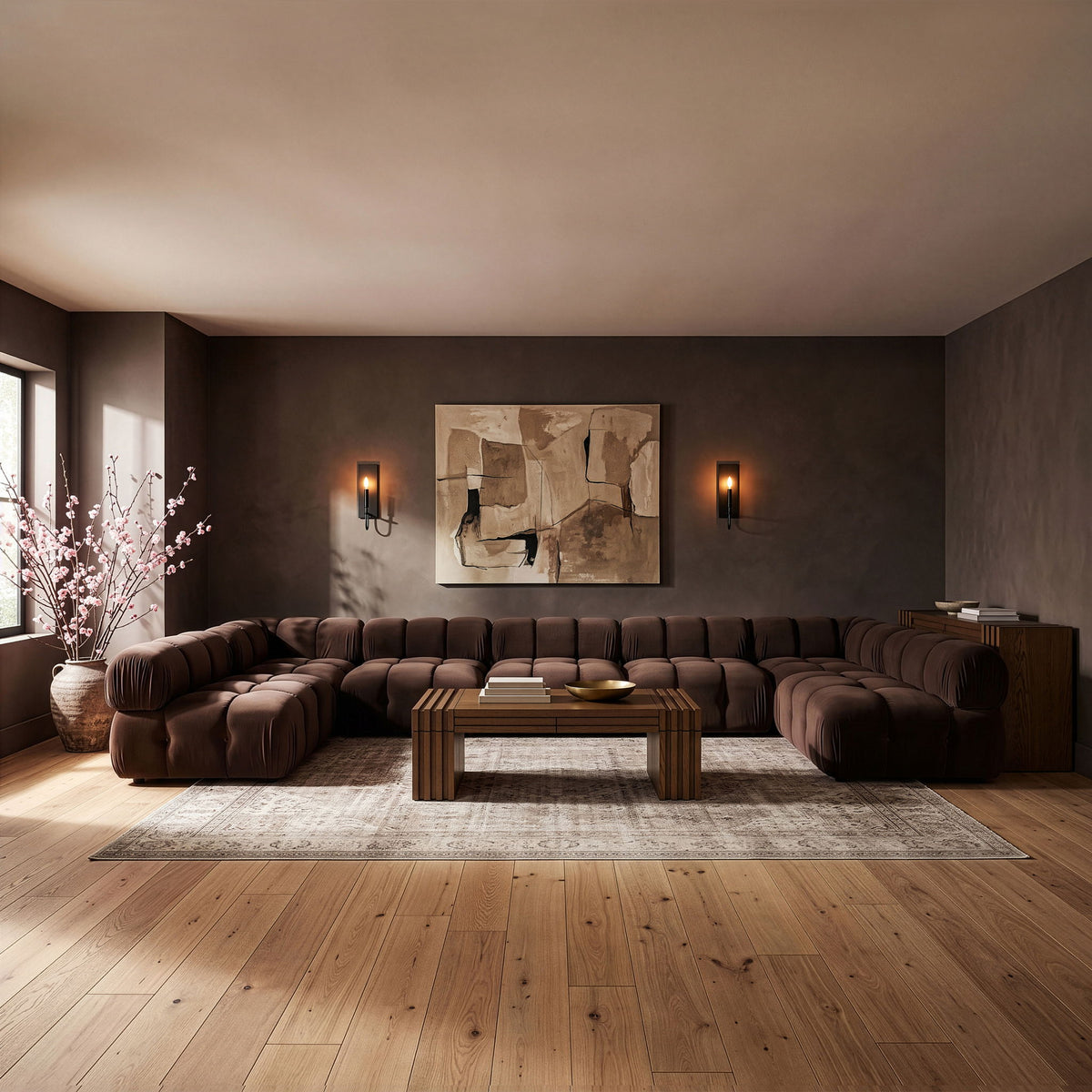 Dark brown U-shaped modular sectional sofa with tufted seats and padded back