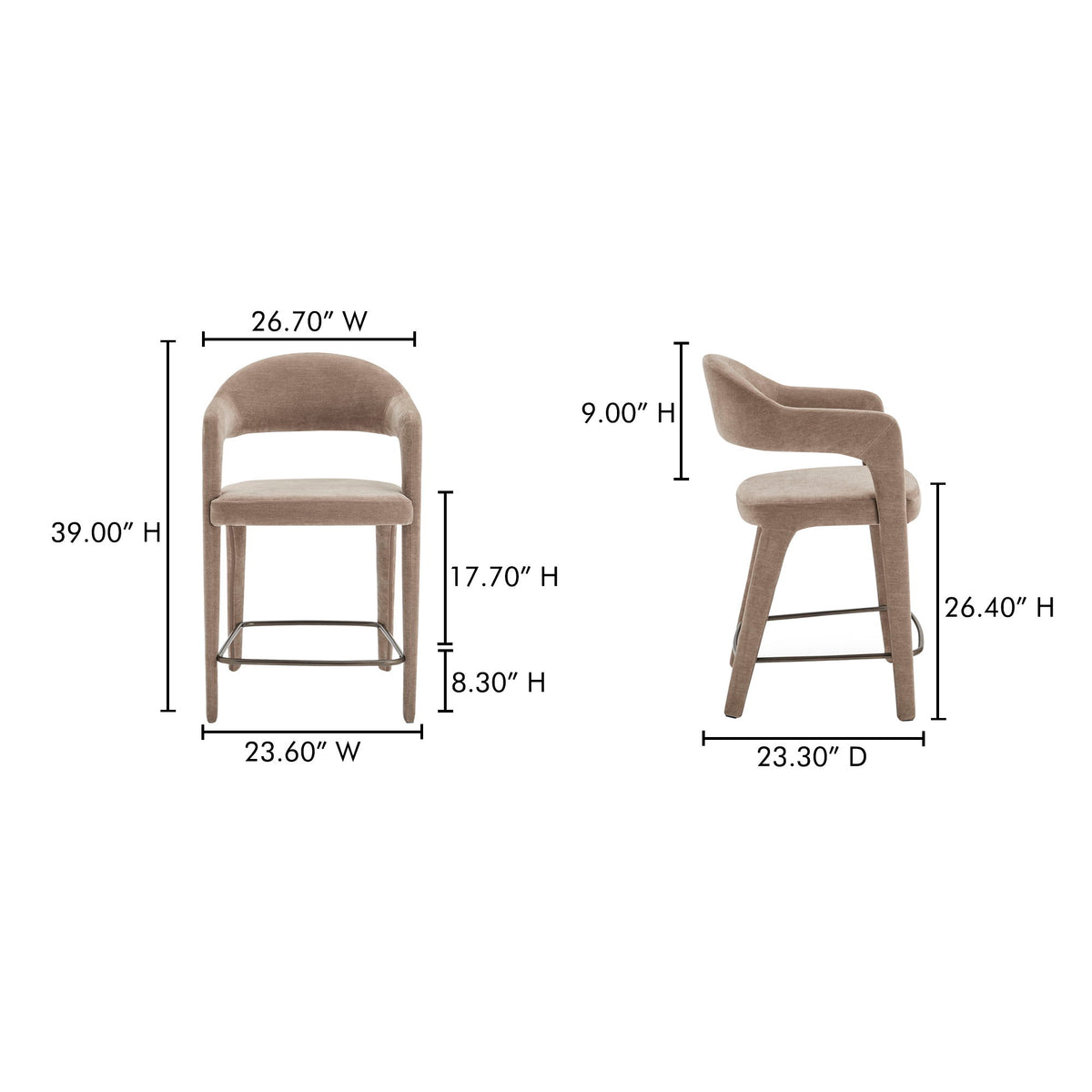 Martens counter stool dimension diagram with front and side views and measurements.