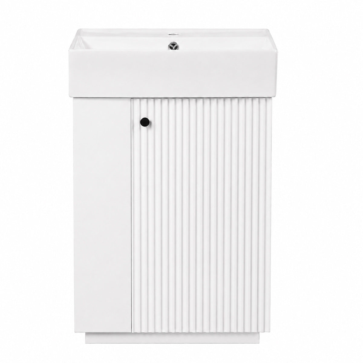 White freestanding bathroom vanity with sink top and vertical ribbed cabinet doors