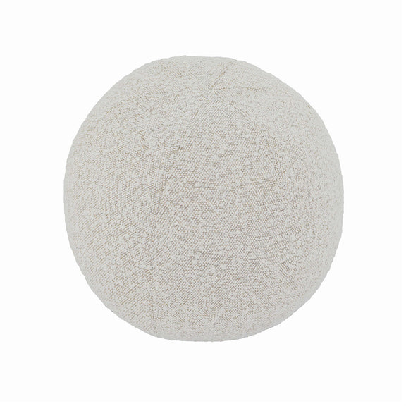 Round pillow with light beige textured fabric and stitched seam panel.