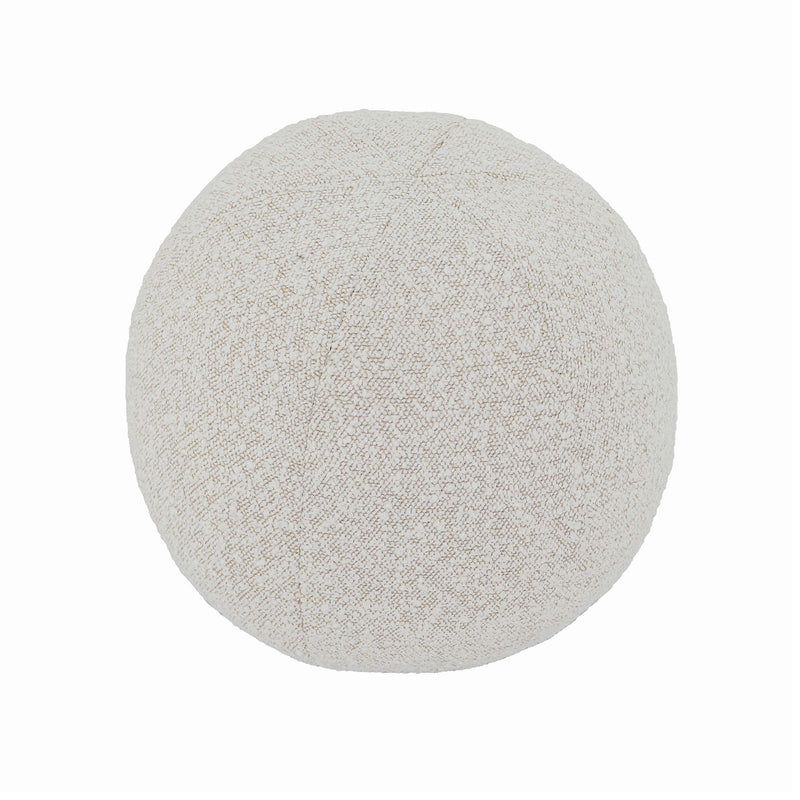 Round pillow with light beige textured fabric and stitched seam panel.