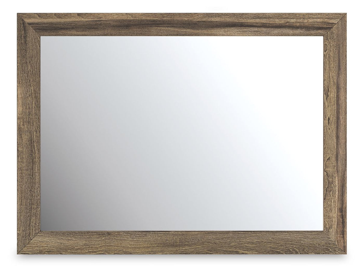 Rectangular bedroom mirror with light-brown wooden frame and clear glass