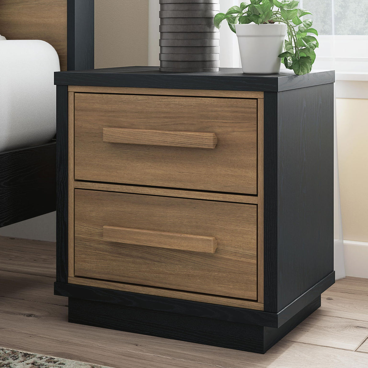 Two-drawer nightstand with black finish, brown drawers with bar pulls