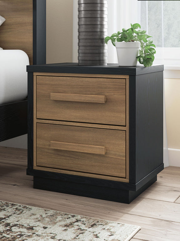 Two-drawer nightstand with black finish, brown drawers with bar pulls