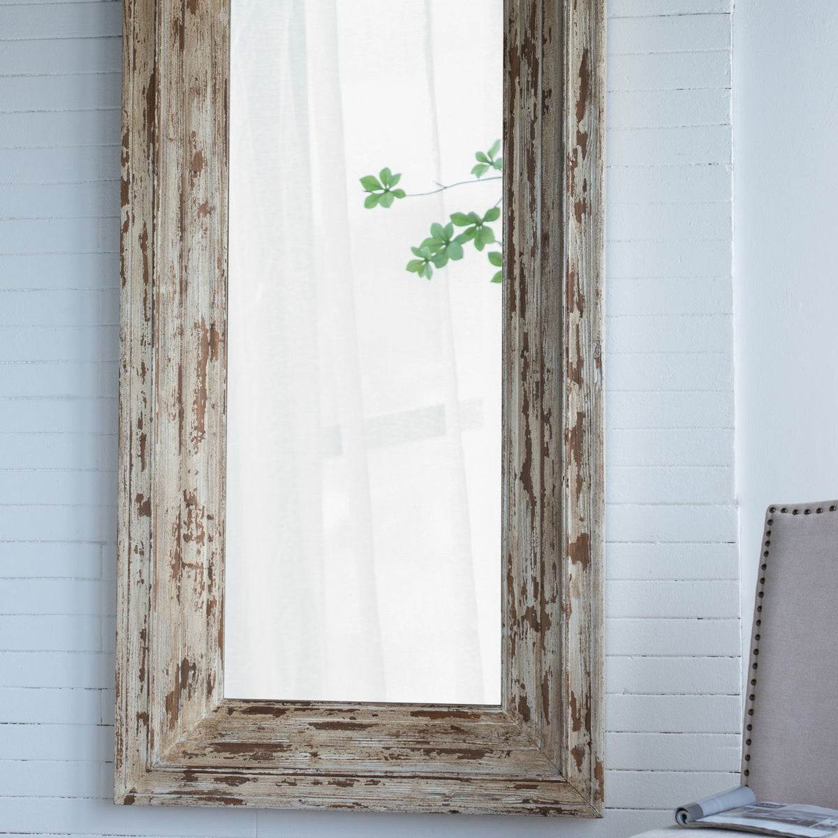 Full Length Rectangle Floor Mirror With Distressed Wood Frame - Brown