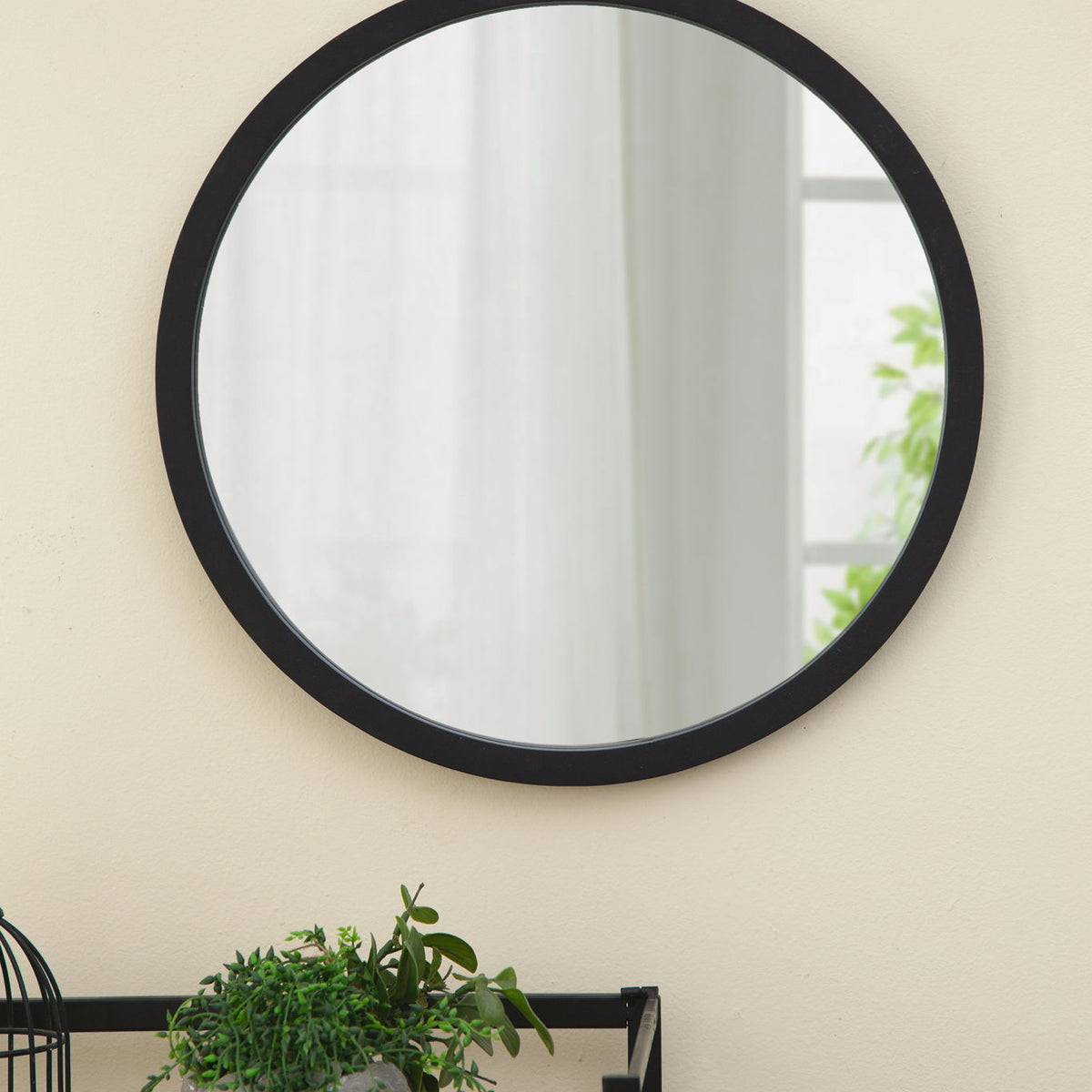 Circle Wall Mirror With Wooden Frame, Wall Mirror For Living Room