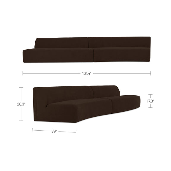 Dark brown modular sectional sofa with wave silhouette, shown with dimension lines
