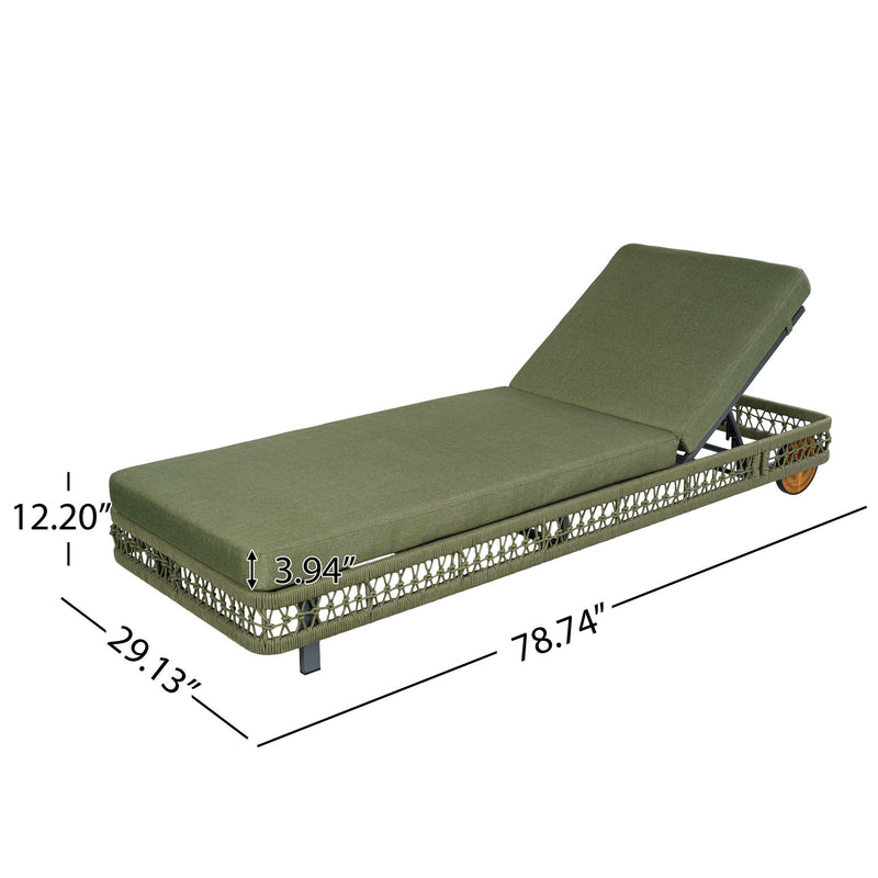 Dark green outdoor chaise lounge with adjustable 5-position backrest and wheels
