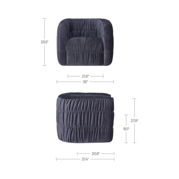 Navy swivel chair dimensions diagram with front and back views