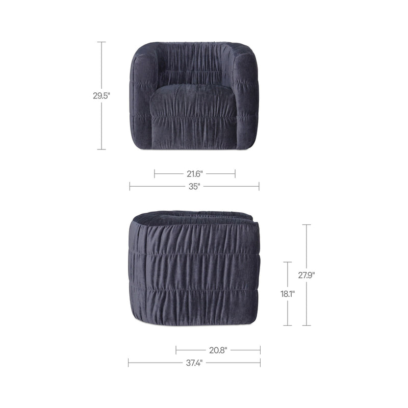 Navy swivel chair dimensions diagram with front and back views