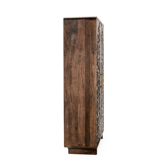 Kona brown tall cabinet narrow side view with carved door edge detail