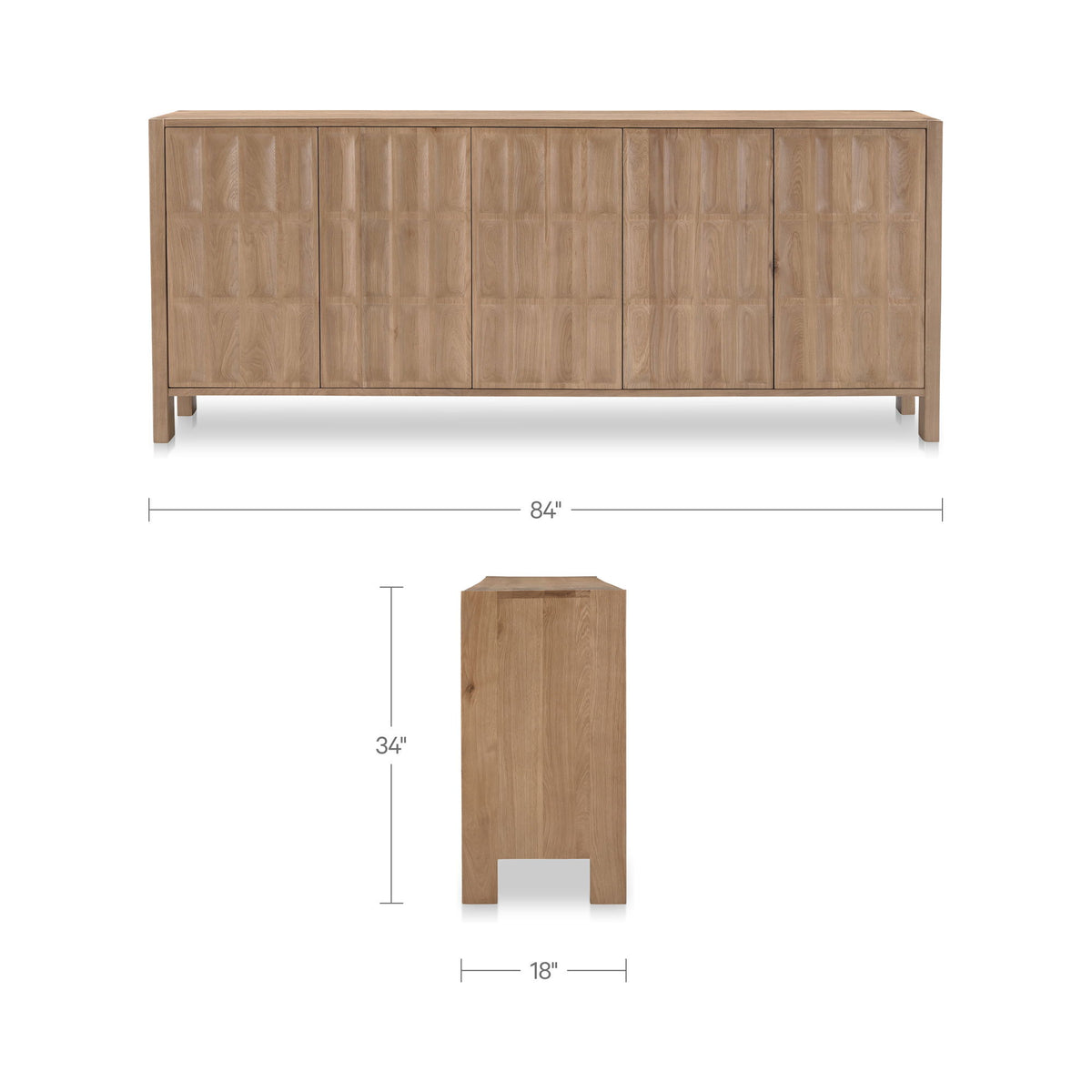 Natural wood sideboard with paneled doors and shown product dimensions