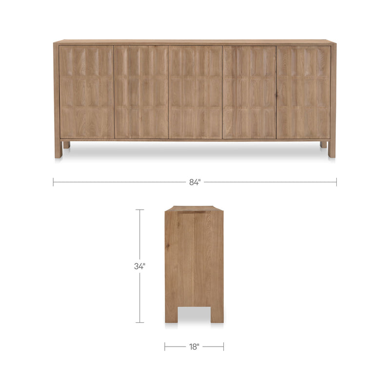 Natural wood sideboard with paneled doors and shown product dimensions
