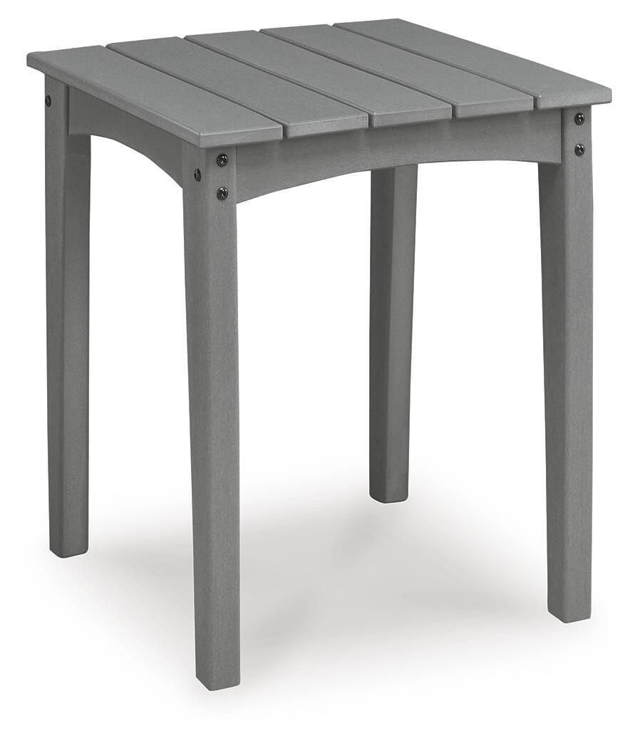 Gray square end table with slatted top and corner hardware, front view