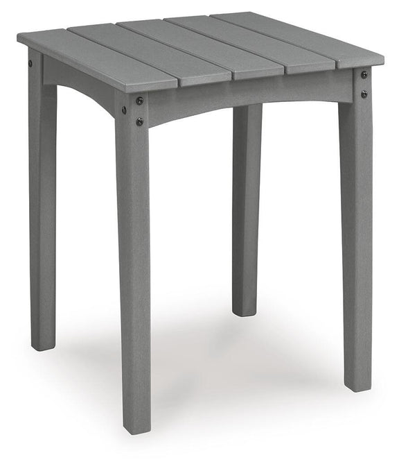 Gray square end table with slatted top and corner hardware, front view