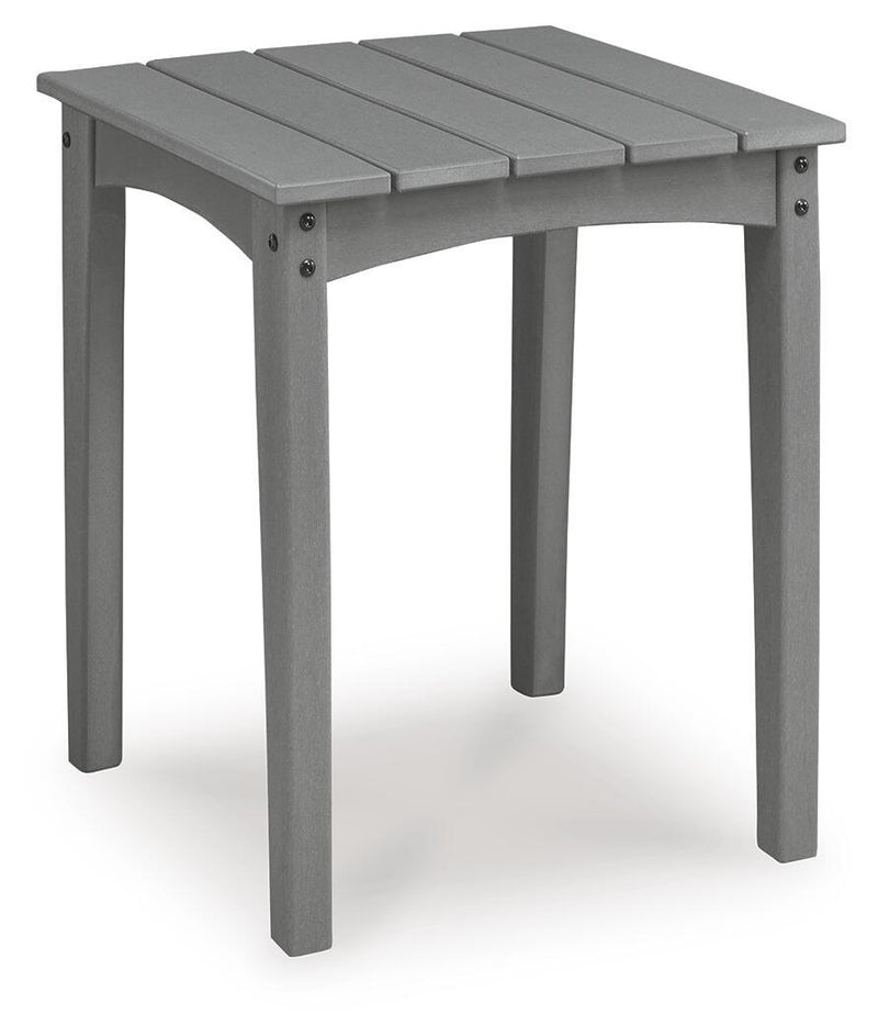Gray square end table with slatted top and corner hardware, front view