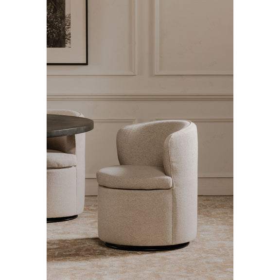 Oatmeal swivel chair with tall rounded backrest and circular base